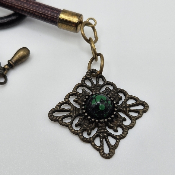 VINTAGE Brass Tone Beaded Dangle Green Stones Hair Barrette Clip Slide Boho - Picture 5 of 6